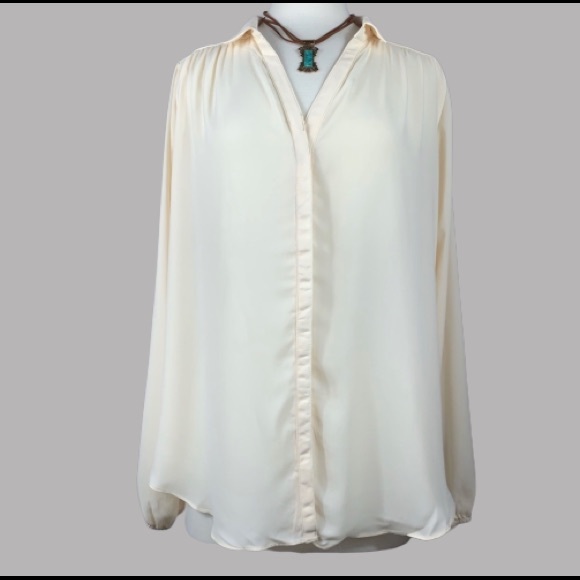 Cream Semi Sheer Button Down Blouse - Picture 2 of 7
